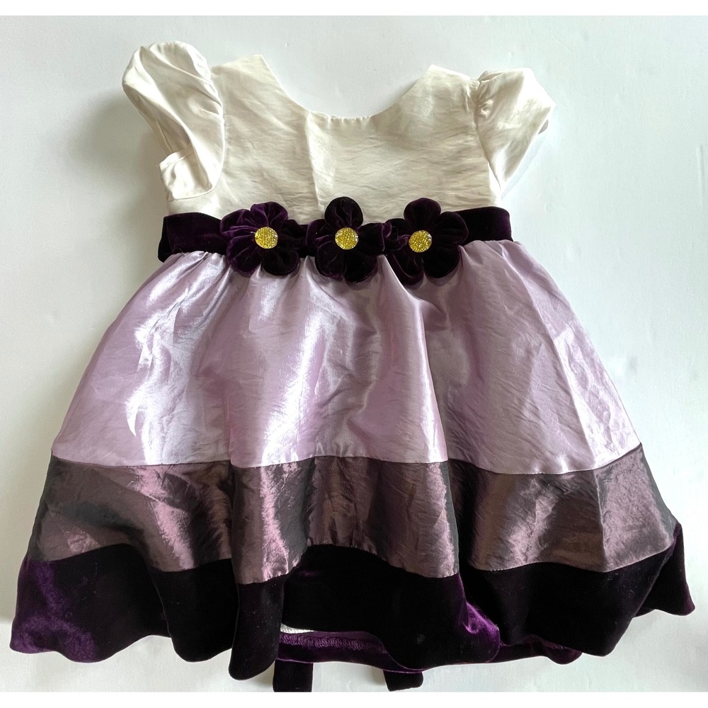 Rare Editions Party Dress Baby 12M Purple Velvet Floral Tiered Shimmer Formal